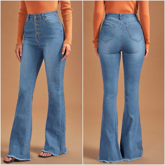 high waist button fitted Dark wash denim bell bottom Jeans - Picture 3 of 12